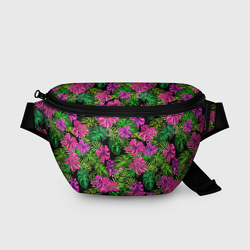 Поясная сумка Тропические листья и цветы на черном фоне / 3D-принт – фото 1