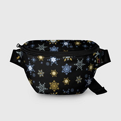 Поясная сумка Новый год снежинки на чёрном фоне, цвет: 3D-принт