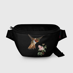 Поясная сумка Птицы колибри розы на черном фоне, цвет: 3D-принт
