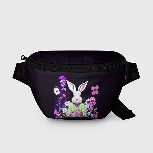 Поясная сумка Кролик в цветах на черном фоне / 3D-принт – фото 1