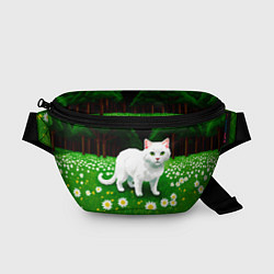 Поясная сумка Белый кот на лугу пиксель арт, цвет: 3D-принт