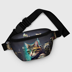 Поясная сумка Котяра в стиле киберпанк на фоне ночного города, цвет: 3D-принт — фото 2