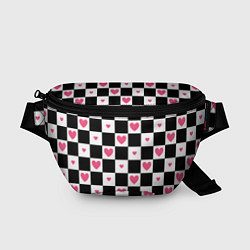 Поясная сумка Розовые сердечки на фоне шахматной черно-белой дос, цвет: 3D-принт