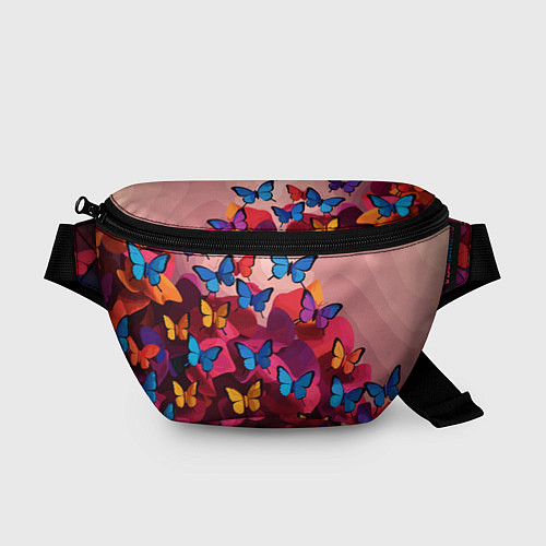 Поясная сумка Разноцветные бабочки - розовые цветы / 3D-принт – фото 1