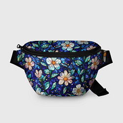 Поясная сумка Цветочный тёмно-синий витраж, цвет: 3D-принт