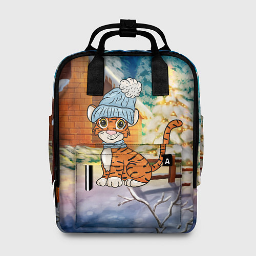 Женский рюкзак Тигренок на фоне зимнего дома / 3D-принт – фото 1