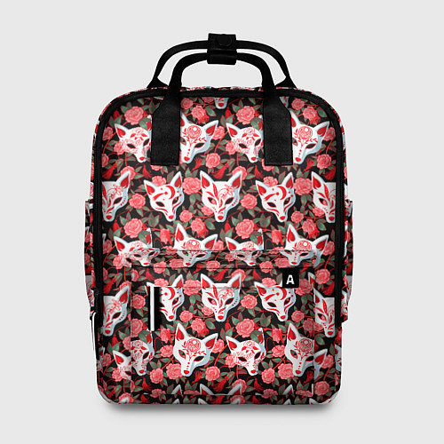 Женский рюкзак Маски лисиц кицунэ и камелия на черном / 3D-принт – фото 1
