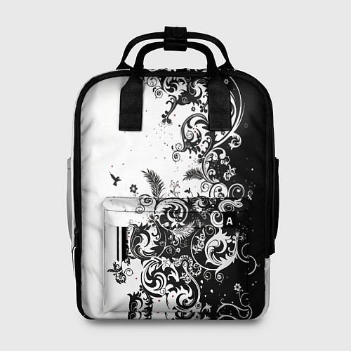 Женский рюкзак Черно-белая птица среди узорчатых цветов / 3D-принт – фото 1