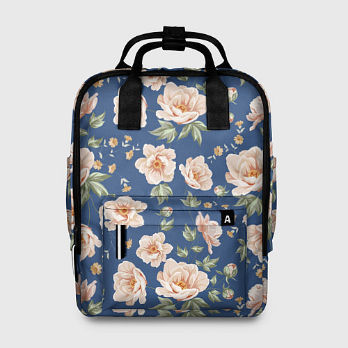Женский рюкзак Розовые пионы на синем фоне / 3D-принт – фото 1