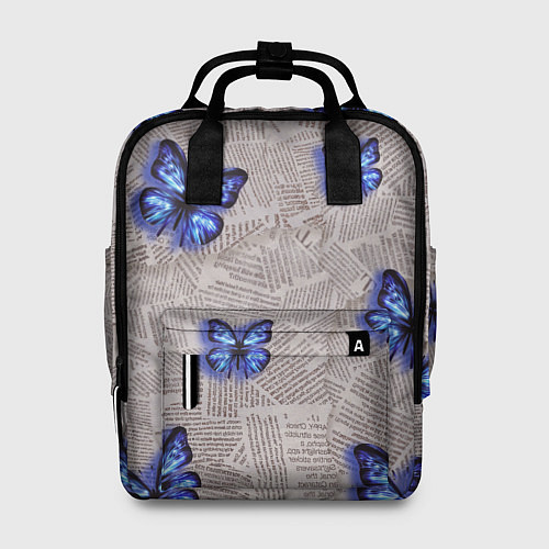 Женский рюкзак Газетные обрывки и синие бабочки / 3D-принт – фото 1