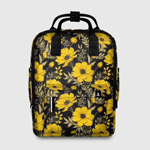 Женский рюкзак Желтые цветы на черном фоне паттерн / 3D-принт – фото 1