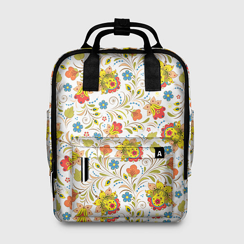 Женский рюкзак Хохломская роспись разноцветные цветы на белом фон / 3D-принт – фото 1