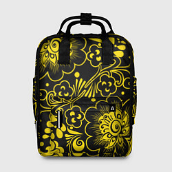Женский рюкзак Хохломская роспись золотые цветы на чёроном фоне