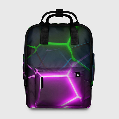 Женский рюкзак Фиолетовые и зеленые неоновые плиты в разломе / 3D-принт – фото 1