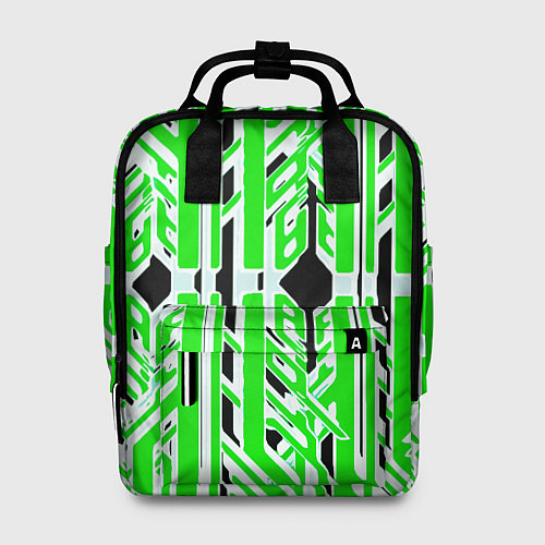 Женский рюкзак Бело-зелёные техно полосы на чёрном фоне / 3D-принт – фото 1