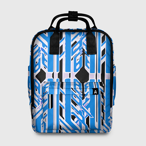 Женский рюкзак Бело-синие техно полосы на чёрном фоне / 3D-принт – фото 1