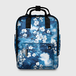 Рюкзак женский Цветы белой сакуры - паттерн на синем фоне, цвет: 3D-принт