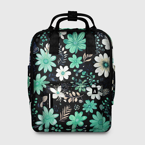 Женский рюкзак Чёрный в зелёный цветочек стилизованный / 3D-принт – фото 1