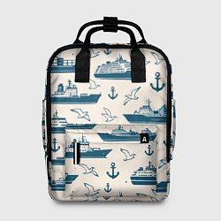 Рюкзак женский Морской паттерн из чаек, якорей и кораблей, цвет: 3D-принт