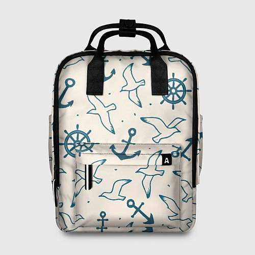 Женский рюкзак Морской паттерн из штурвалов, чаек и якорей / 3D-принт – фото 1