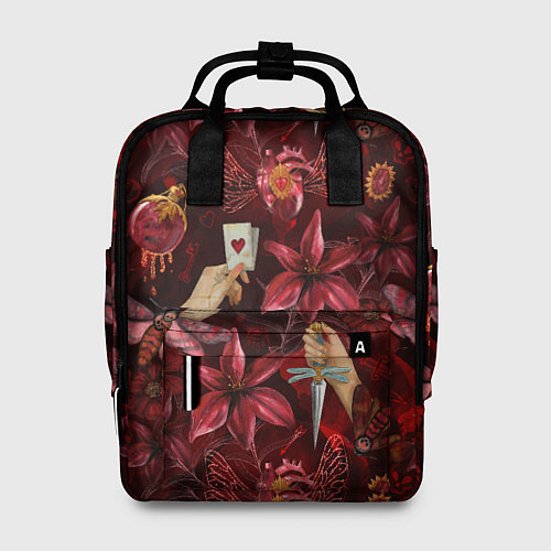 Женский рюкзак Бордовая готика с сердцем, лилиями и мотыльками / 3D-принт – фото 1