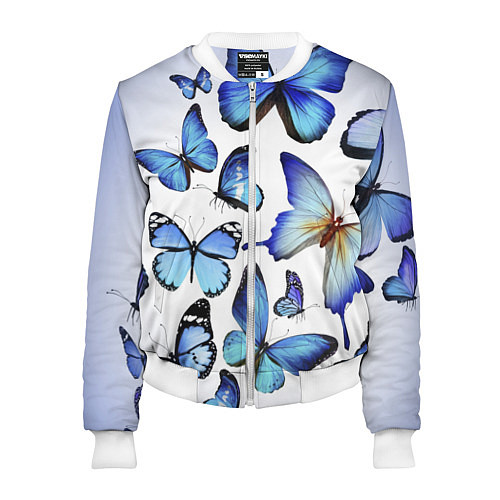 Женский бомбер Голубые бабочки / 3D-Белый – фото 1