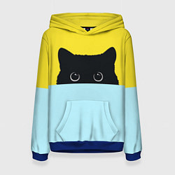 Толстовка-худи женская Черный кот выглядывает, цвет: 3D-синий