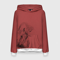 Толстовка-худи женская Конь на красном фоне, цвет: 3D-белый