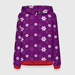 Толстовка-худи женская Узор цветы на фиолетовом фоне, цвет: 3D-красный