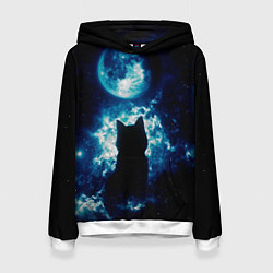 Толстовка-худи женская Кот силуэт луна ночь звезды, цвет: 3D-белый