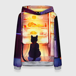 Толстовка-худи женская Черный кот холодильник ночь, цвет: 3D-меланж