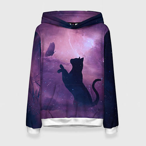 Женская толстовка Кошка играет с бабочкой / 3D-Белый – фото 1