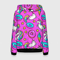 Толстовка-худи женская Единороги с пончиками, цвет: 3D-черный