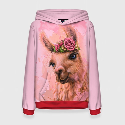 Женская толстовка Лама с цветами / 3D-Красный – фото 1