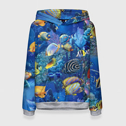 Толстовка-худи женская Коралловые рыбки, цвет: 3D-меланж