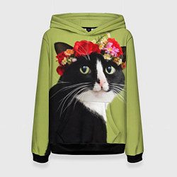 Толстовка-худи женская Кот и цветы, цвет: 3D-черный