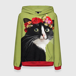 Толстовка-худи женская Кот и цветы, цвет: 3D-красный