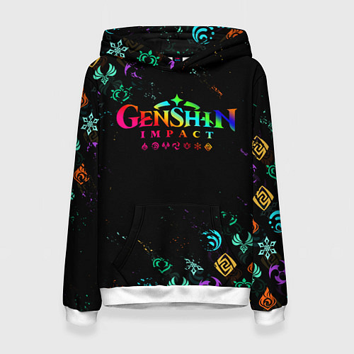 Женская толстовка GENSHIN IMPACT NEON LOGO RAINBOW STYLE, ЭМБЛЕМЫ / 3D-Белый – фото 1