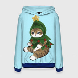 Толстовка-худи женская Кот-ёлочка, цвет: 3D-синий