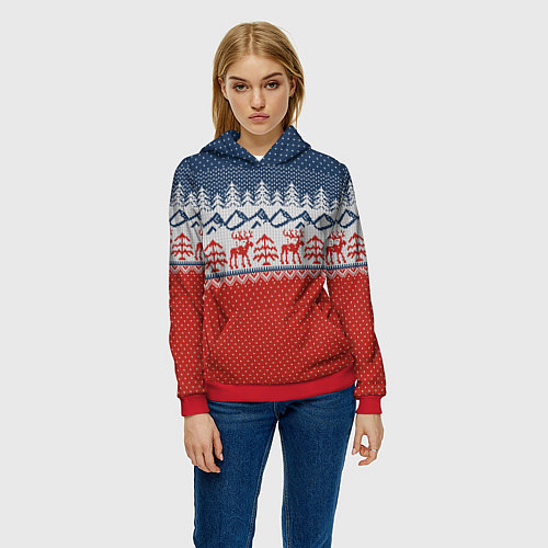 Женская толстовка ВЯЗАНЫЙ УЗОР С ОЛЕНЯМИ / 3D-Красный – фото 3