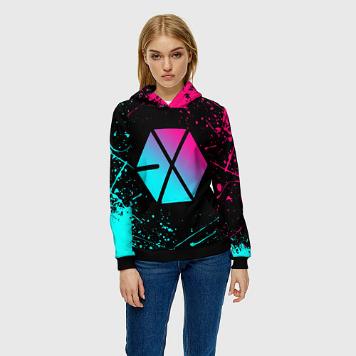 Женская толстовка EXO BAND NEON LOGO НЕОНОВЫЕ БРЫЗГИ КРАСОК / 3D-Черный – фото 3