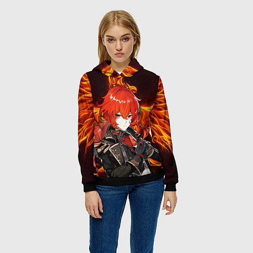 Женская толстовка ОГНЕННЫЙ ФЕНИКС ДИЛЮК, ГЕНШИН ИМПАКТ / 3D-Черный – фото 3