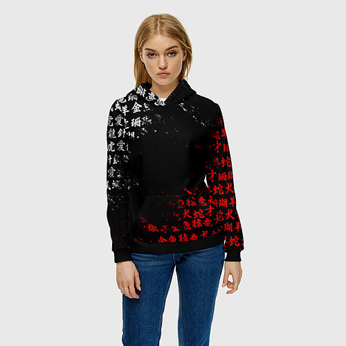 Женская толстовка КРАСНО БЕЛЫЕ ИЕРОГЛИФЫ ЯПОНИЯ БРЫЗГИ / 3D-Черный – фото 3