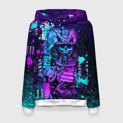 Женская толстовка Неоновый Японский Самурай Neon Samurai Skull / 3D-Белый – фото 1