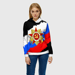 Толстовка-худи женская 9 МАЯ ДЕНЬ ПОБЕДЫ ФЛАГ РОССИИ КРАСКОЙ, цвет: 3D-белый — фото 2