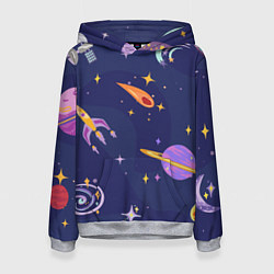 Толстовка-худи женская Космический дизайн с планетами, звёздами и ракетам, цвет: 3D-меланж