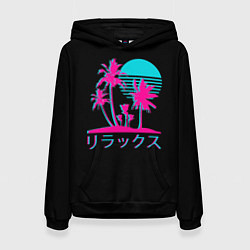 Толстовка-худи женская Неоновые пальмы Иероглифы Neon Palm Tree, цвет: 3D-черный