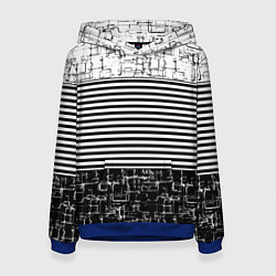 Толстовка-худи женская Черно-белый комбинированный абстрактный с полосаты, цвет: 3D-синий