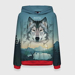 Толстовка-худи женская Серый волк - голова, цвет: 3D-красный