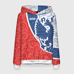 Толстовка-худи женская ГЕРБ РОССИИ С УЗОРАМИ, цвет: 3D-белый